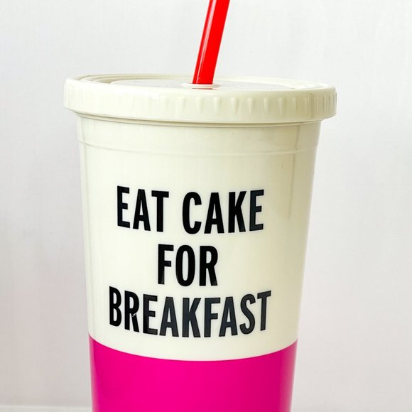 Kate Spade New York Tumbler w/Lid & Straw - Eat Cake For Breakfast - Pink NEW - Picture 5 of 9